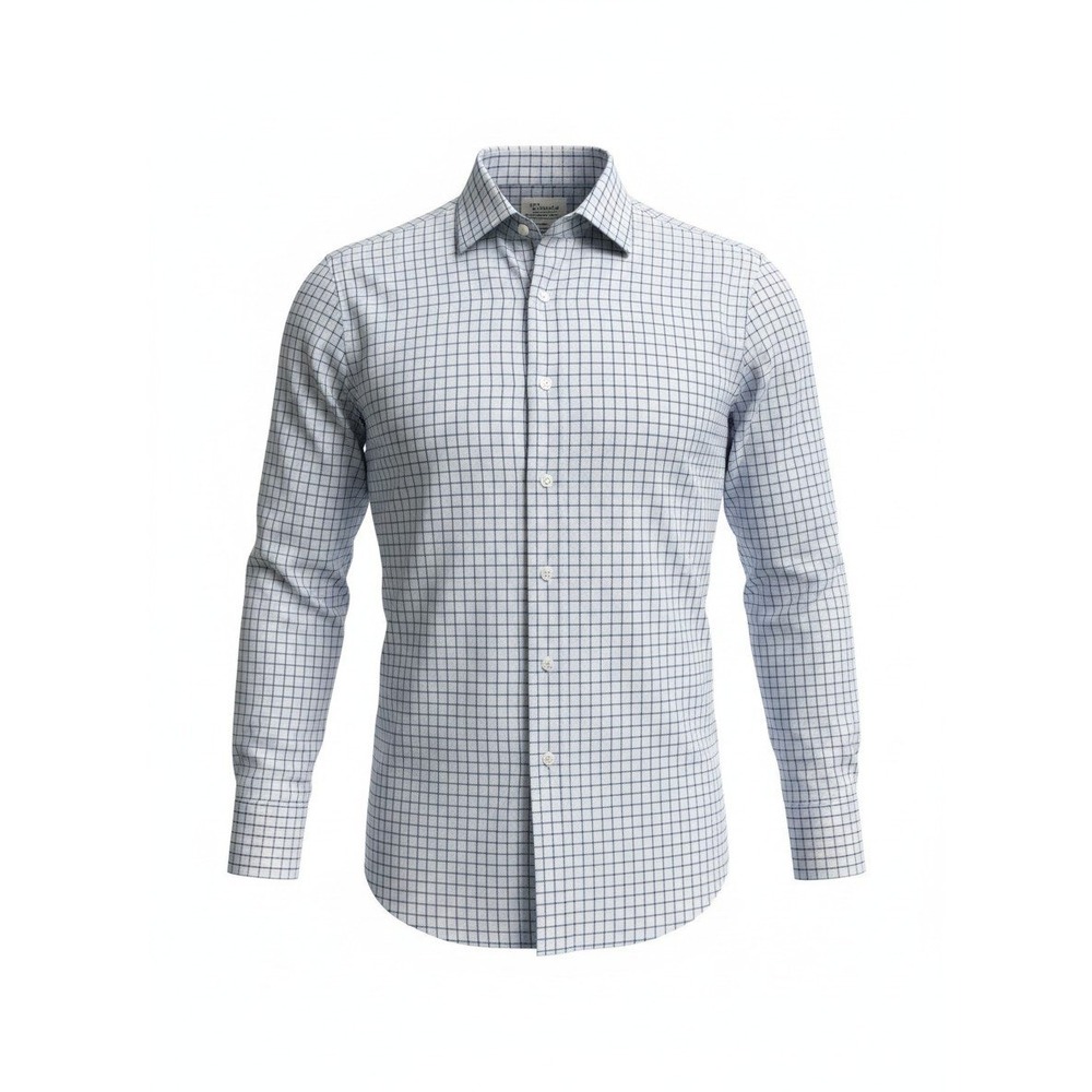 TM Lewin Mens 16 35 Regular Fit Non-Iron Tattersall Check Dress Shirt Blue White